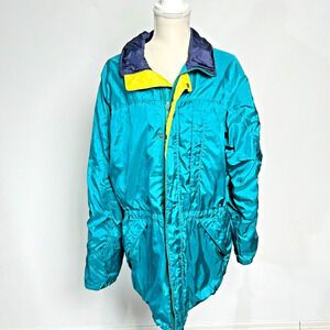 Vintage Teal Yellow Navy Windbreaker Jacket Parka Hooded Retro Size Large‎
